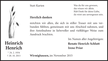 Traueranzeige von Heinrich Henrich von Waldeckische Landeszeitung