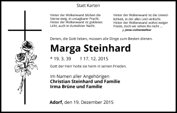 Traueranzeige von Marga Steinhard von Waldeckische Landeszeitung