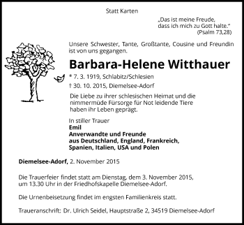 Traueranzeige von Barbara-Helene Witthauer von Waldeckische Landeszeitung