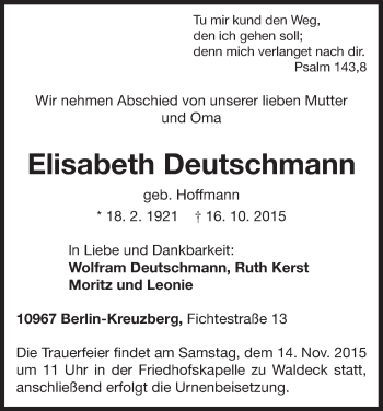 Traueranzeige von Elisabeth Deutschmann von Waldeckische Landeszeitung