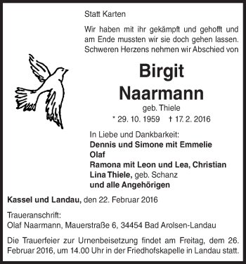 Traueranzeige von Birgit Naarmann von Waldeckische Landeszeitung