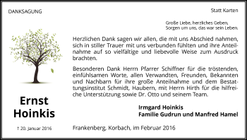 Traueranzeige von Ernst Hoinkis von Waldeckische Landeszeitung