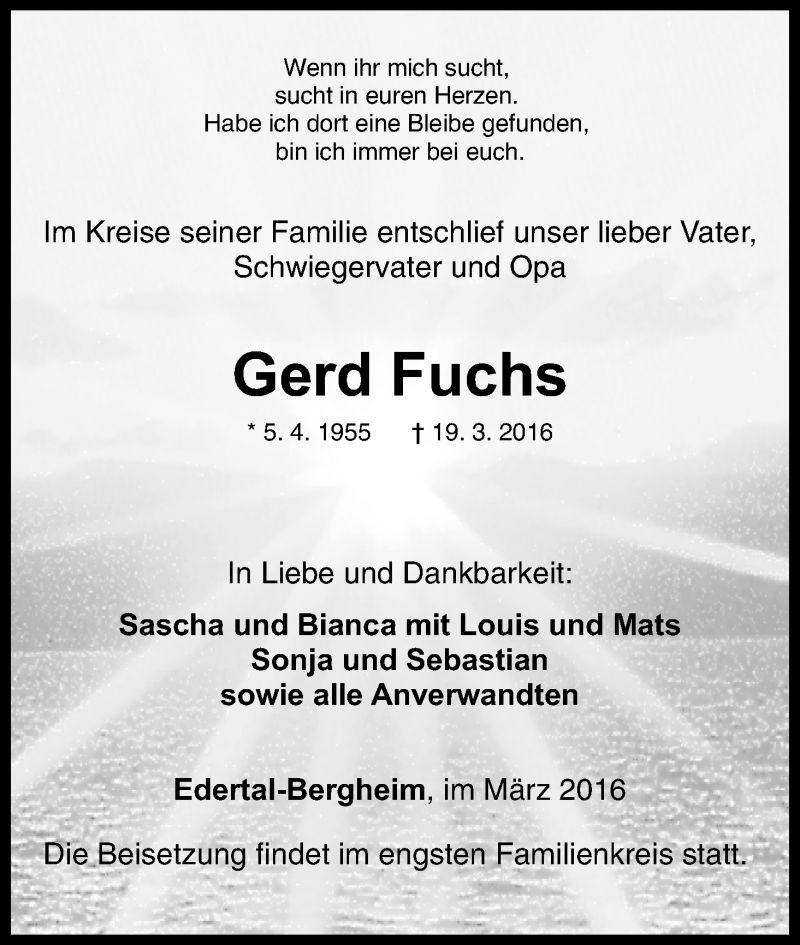  Traueranzeige für Gerd Fuchs vom 22.03.2016 aus Waldeckische Landeszeitung