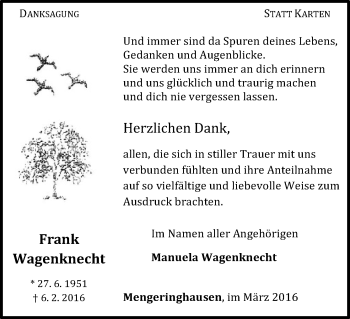 Traueranzeige von Frank Wagenknecht von Waldeckische Landeszeitung