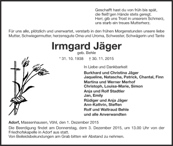 Traueranzeige von Irmgard Jäger von Waldeckische Landeszeitung