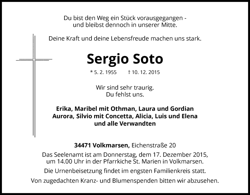  Traueranzeige für Sergio Soto vom 14.12.2015 aus Waldeckische Landeszeitung