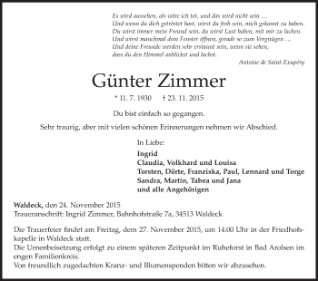 Traueranzeige von Günter Zimmer von Waldeckische Landeszeitung