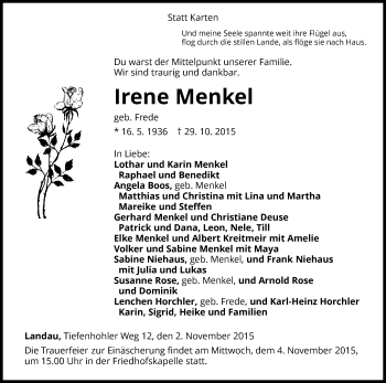 Traueranzeige von Irene Menkel von Waldeckische Landeszeitung