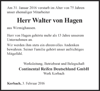 Traueranzeige von Walter von Hagen von Waldeckische Landeszeitung