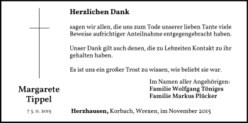 Traueranzeige von Margarete Tippel von Waldeckische Landeszeitung