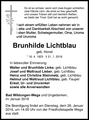 Traueranzeige von Brunhilde Lichtblau von Waldeckische Landeszeitung