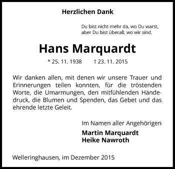 Traueranzeige von Hans Marquardt von Waldeckische Landeszeitung