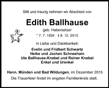 Traueranzeige von Edith Ballhause von Waldeckische Landeszeitung