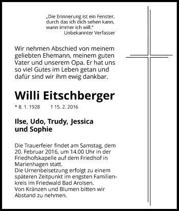 Traueranzeige von Willi Eitschberger von Waldeckische Landeszeitung