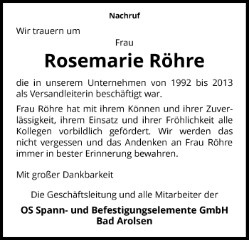 Traueranzeige von Rosemarie Röhre von Waldeckische Landeszeitung