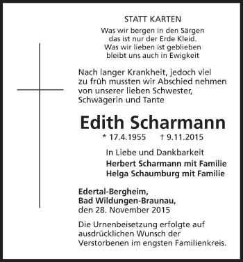 Traueranzeige von Edith Scharmann von Waldeckische Landeszeitung