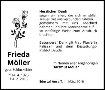 Traueranzeige von Frieda Möller von Waldeckische Landeszeitung