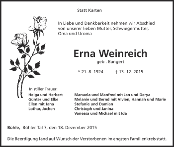 Traueranzeige von Erna Weinreich von Waldeckische Landeszeitung