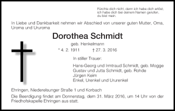 Traueranzeige von Dorothea Schmidt von Waldeckische Landeszeitung