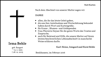 Traueranzeige von Irma Behle von Waldeckische Landeszeitung