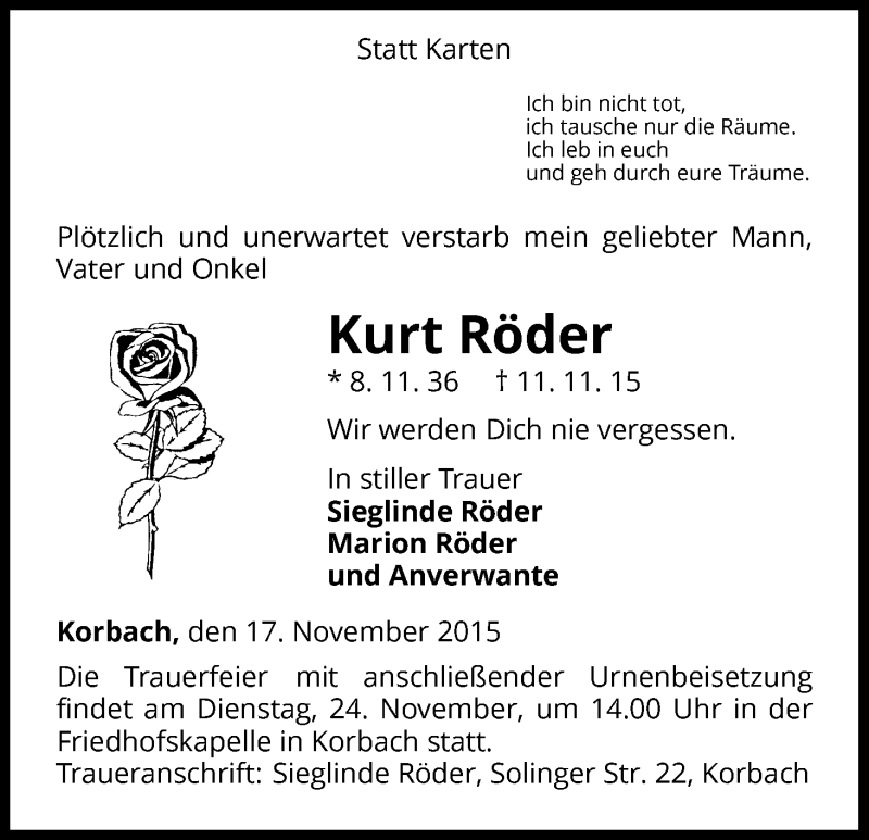  Traueranzeige für Kurt Röder vom 18.11.2015 aus Waldeckische Landeszeitung