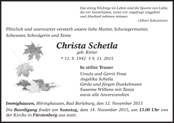 Traueranzeige von Christa Schetla von Waldeckische Landeszeitung