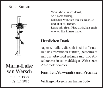 Traueranzeige von Maria-Luise van Wersch von Waldeckische Landeszeitung