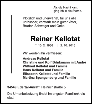 Traueranzeige von Reiner Kellotat von Waldeckische Landeszeitung