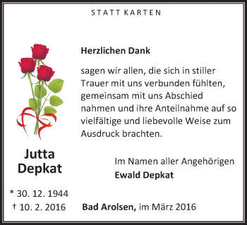 Traueranzeige von Jutta Depkat von Waldeckische Landeszeitung