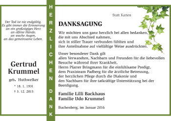 Traueranzeige von Gertrud Krummel von Waldeckische Landeszeitung