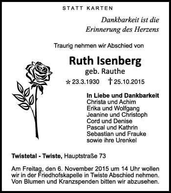 Traueranzeige von Ruth Isenberg von Waldeckische Landeszeitung