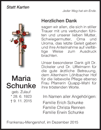 Traueranzeige von Maria Schunke von Waldeckische Landeszeitung