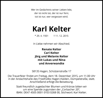 Traueranzeige von Karl Kelter von Waldeckische Landeszeitung