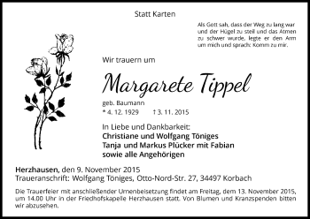 Traueranzeige von Margarete Tippel von Waldeckische Landeszeitung