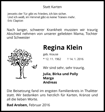 Traueranzeige von Regina Klein von Waldeckische Landeszeitung