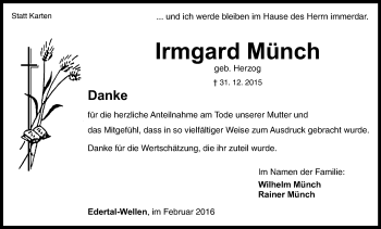 Traueranzeige von Irmgard Münch von Waldeckische Landeszeitung