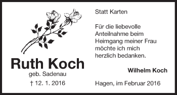 Traueranzeige von Ruth Koch von Waldeckische Landeszeitung