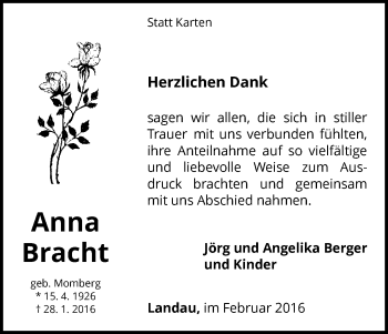 Traueranzeige von Anna Bracht von Waldeckische Landeszeitung