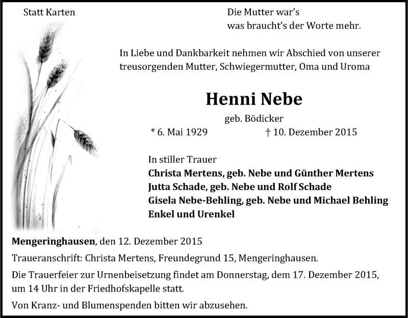  Traueranzeige für Henni Nebe vom 12.12.2015 aus Waldeckische Landeszeitung