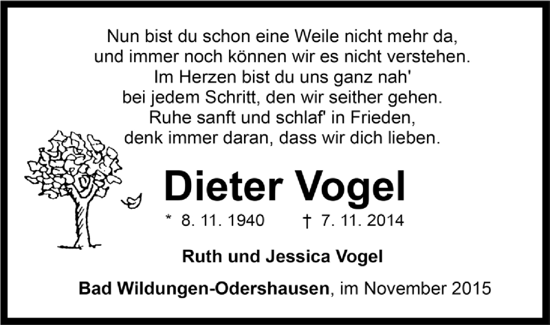  Traueranzeige für Dieter Vogel vom 07.11.2015 aus Waldeckische Landeszeitung