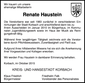 Traueranzeige von Renate Haustein von Waldeckische Landeszeitung