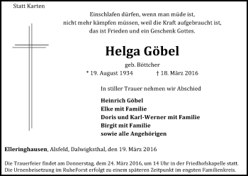 Traueranzeige von Helga Göbel von Waldeckische Landeszeitung