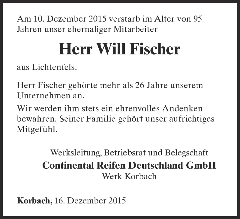  Traueranzeige für Will Fischer vom 16.12.2015 aus Waldeckische Landeszeitung