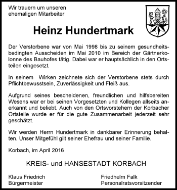 Traueranzeige von Heinz Hundertmark von Waldeckische Landeszeitung