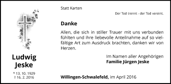 Traueranzeige von Ludwig Jeske von Waldeckische Landeszeitung