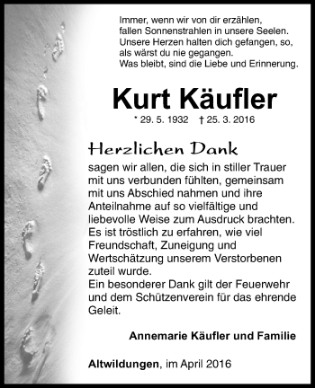 Traueranzeige von Kurt Käufler von Waldeckische Landeszeitung