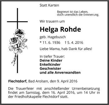 Traueranzeige von Helga Rohde von Waldeckische Landeszeitung