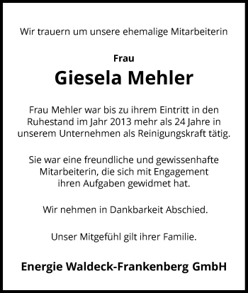 Traueranzeige von Giesela Mehler von Waldeckische Landeszeitung