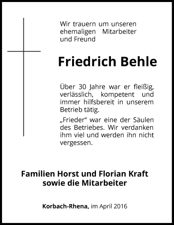 Traueranzeige von Friedrich Behle von Waldeckische Landeszeitung