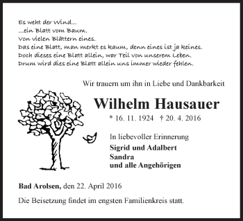 Traueranzeige von Wilhelm Hausauer von Waldeckische Landeszeitung